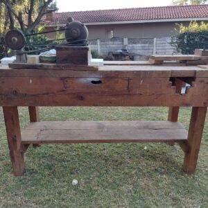 Heavy wooden joiner’s workbench with drawer, lower shelf + pipe bender & old bench grinder (rusted but reported working)