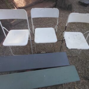 Mixed lot: 3 white metal folding chairs + long green felt-lined wooden tackle/tool case + fishing tackle, heater head & accessories