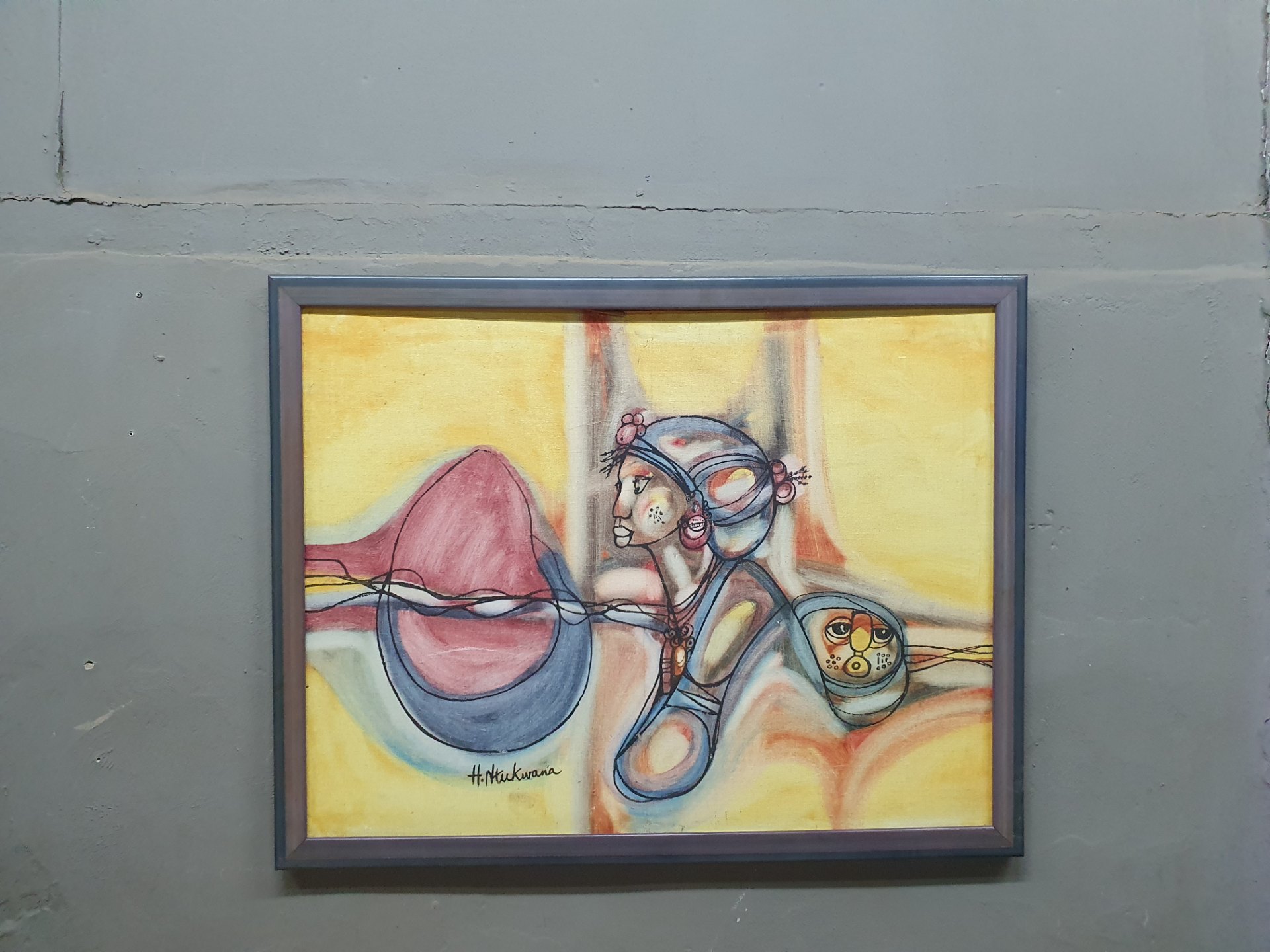 Signed mixed-media figurative painting ‘H. Ntukuwana’ — framed, 80 x 102 cm
