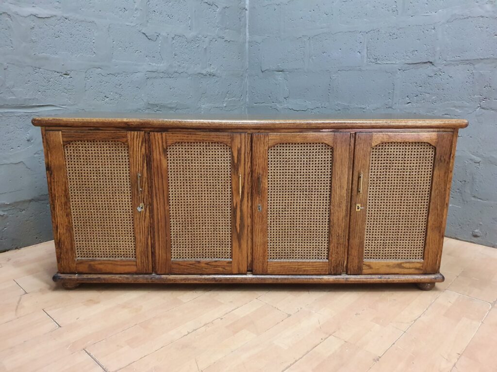 Large Four‑Door Wooden Sideboard / Credenza with Cane Panels, Internal Drawers & Felt Tray (79 x 183 x 56cm)