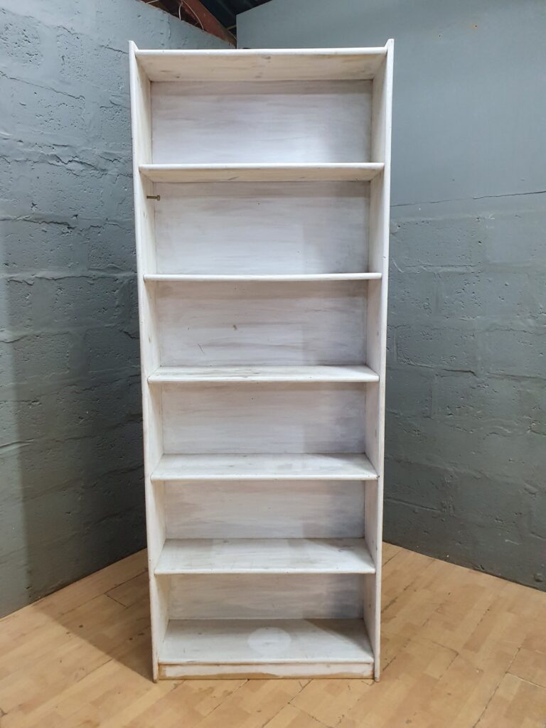 Tall Whitewashed Wooden Bookcase / Shelving Unit – 237 x 90 x 28 cm, fixed shelves