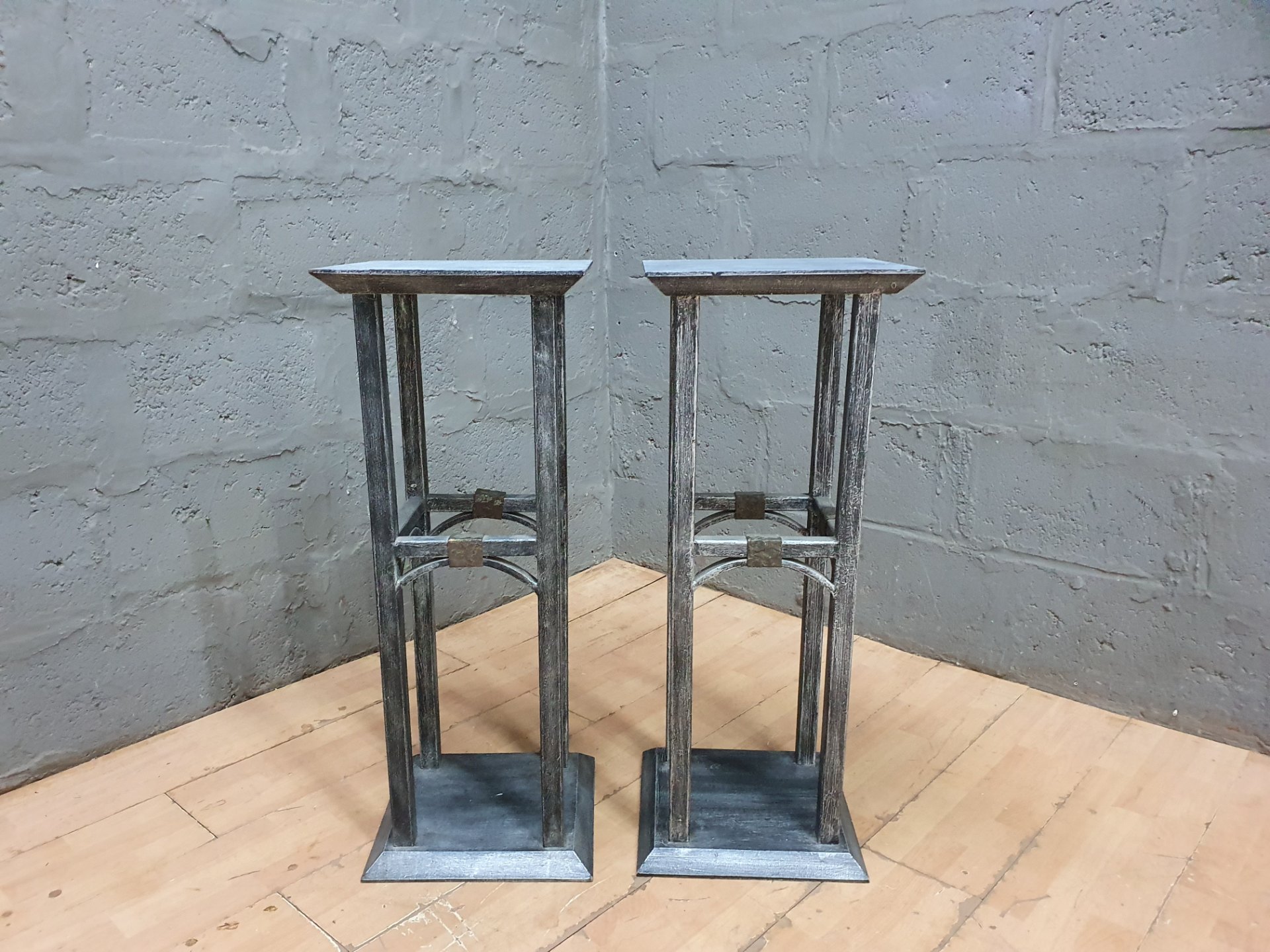 Pair of tall square-top plant stands / pedestals — distressed painted finish, 90 cm