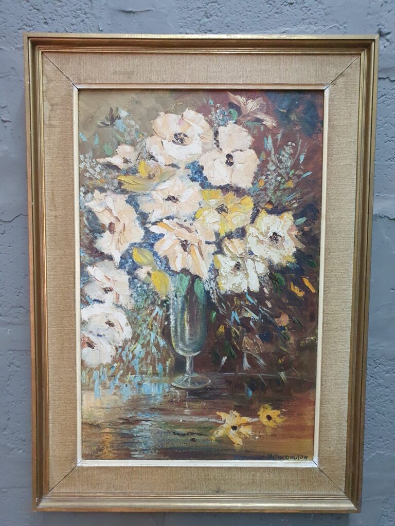 Framed oil on canvas floral still life signed ‘Connie Hetherington’ — impasto texture, decorative gilt frame