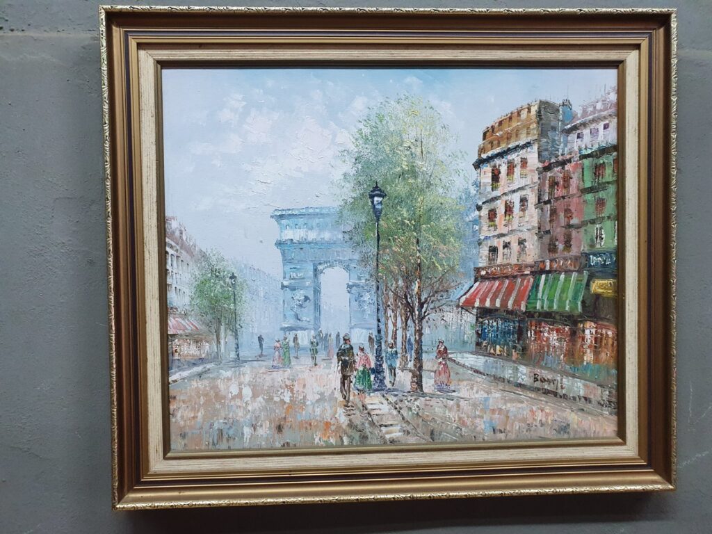 Signed ‘Burnett’ impasto oil on canvas Parisian street scene — gilt frame