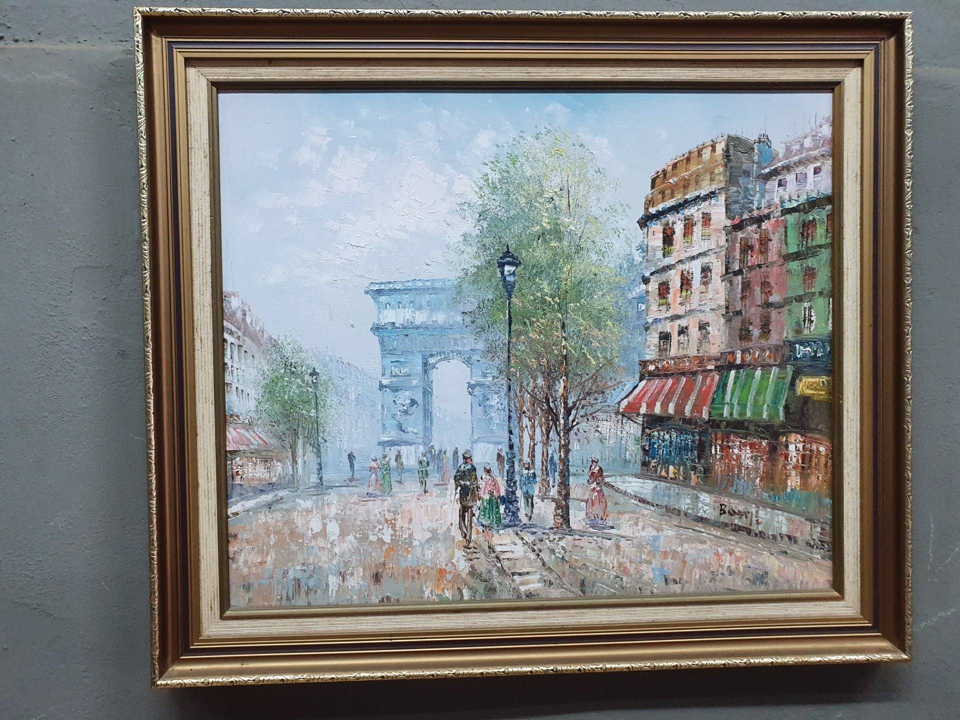 Signed ‘Burnett’ impasto oil on canvas Parisian street scene — gilt frame