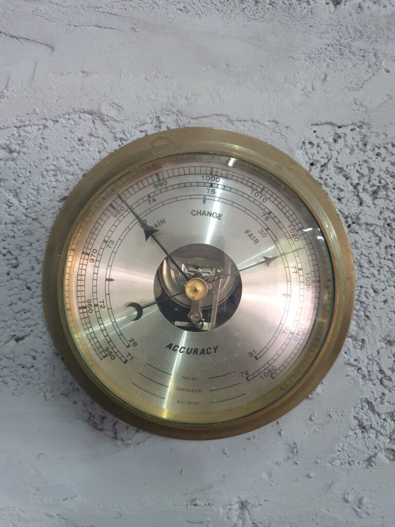 Round Brass Aneroid Wall Barometer with Visible Mechanism — 20cm, Glass Intact