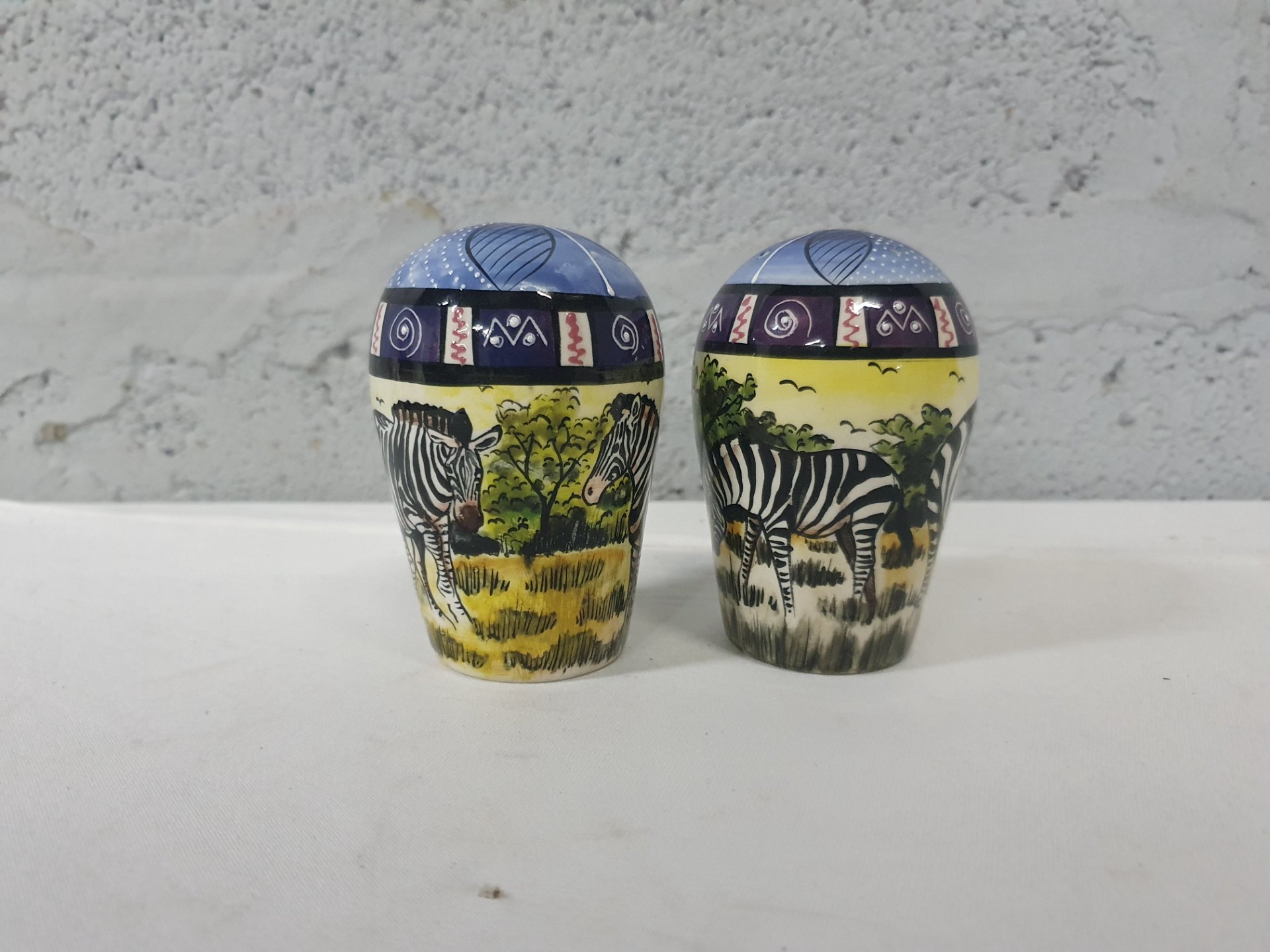 Hand‑painted Zebra Ceramic Salt & Pepper Shakers — Pair, Artist‑marked bases