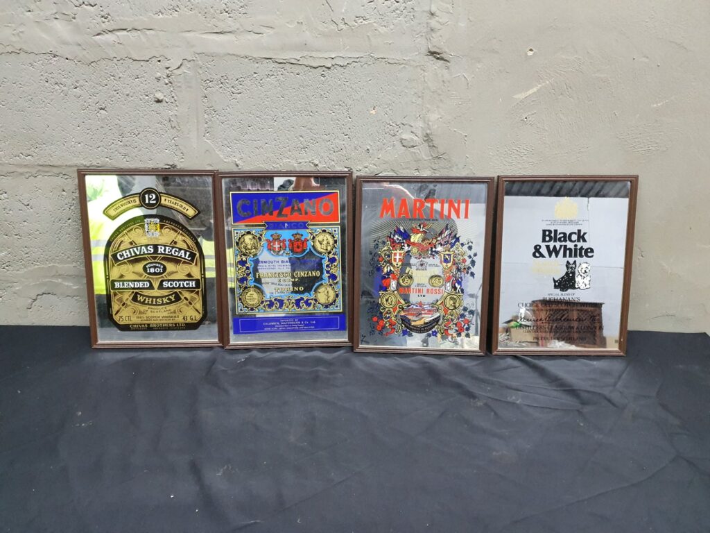 Lot of 4 Framed Vintage Advertising Mirrors – Chivas Regal, Cinzano, Martini, Black & White (40 x 30 cm)