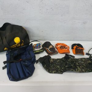 Assorted caps, bags, camo Spyder vest & coiled cable — mixed used lot (6 items)
