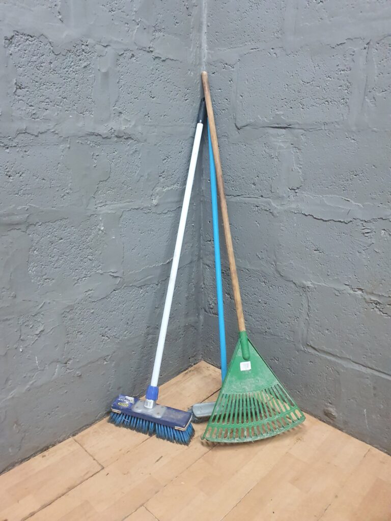 Lot of 3 Garden & Cleaning Tools — Push Broom, Plastic Leaf Rake & Hand Brush (Used)