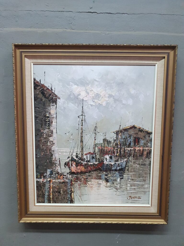 Framed impasto seascape, signed ‘Jones’ — oil on board, framed 73 × 64 × 3 cm