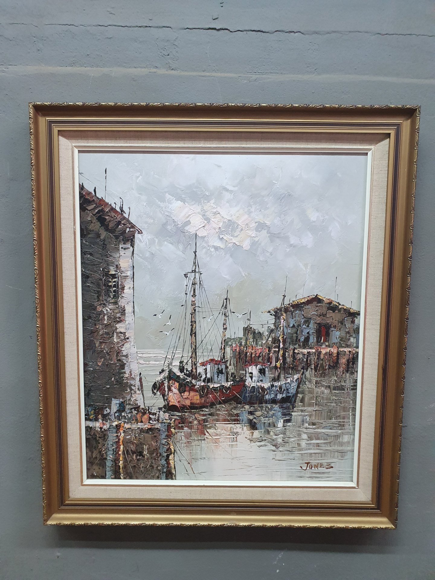 Framed impasto seascape, signed ‘Jones’ — oil on board, framed 73 × 64 × 3 cm
