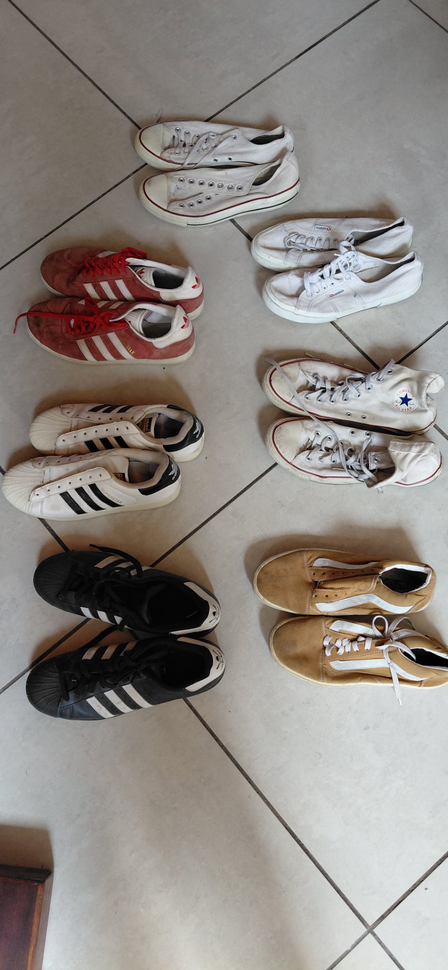 Lot: 7 Pairs Men’s Branded Sneakers (Adidas, Converse, Superga visible) — Lightly Used