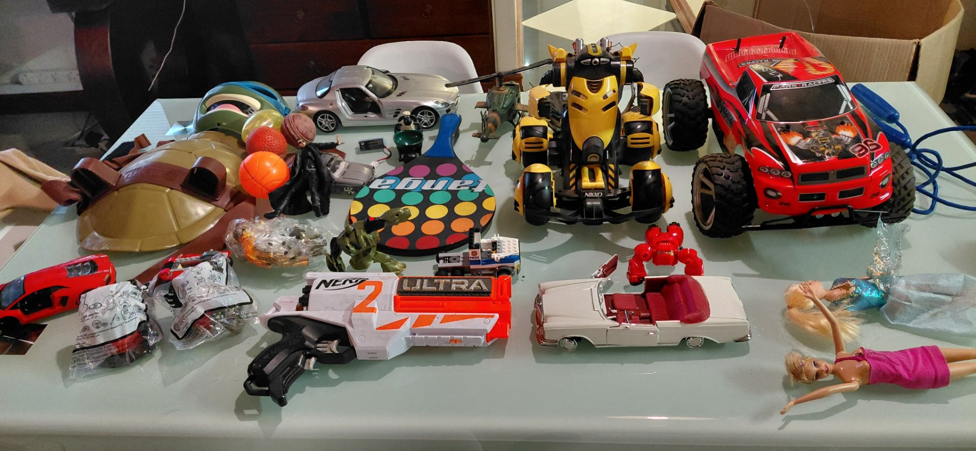 Lot 09: Mixed Used Toy Lot — RC Monster Truck, Nikko robot, Nerf blaster, diecast cars, dolls & accessories (Untested)