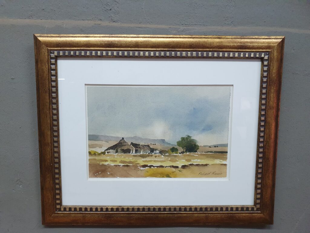 Framed signed watercolor landscape – attributed Richard Rennie (deckled paper, glazed gilt frame)