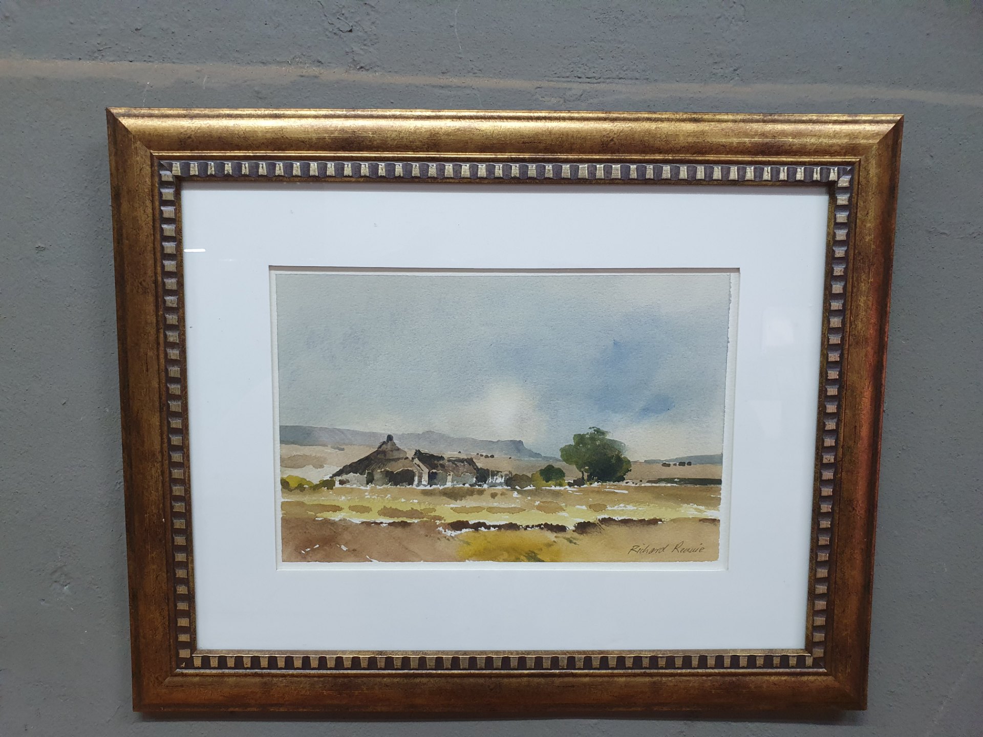 Framed signed watercolor landscape – attributed Richard Rennie (deckled paper, glazed gilt frame)