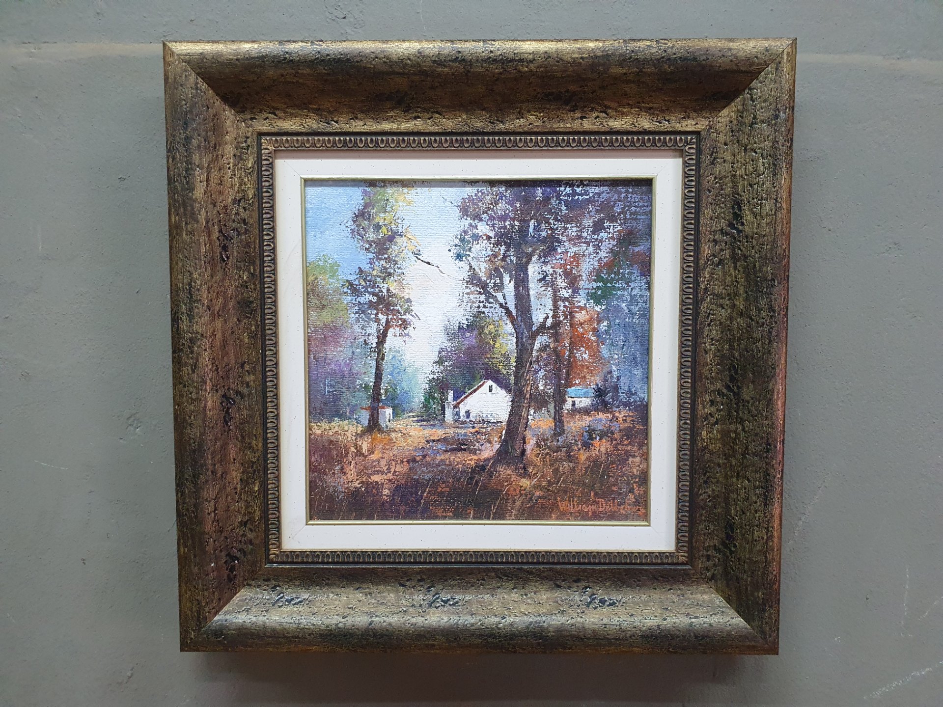 Framed signed oil on canvas landscape — William Dobbelaar (signed), heavy impasto, 50 x 50 x 5 cm framed