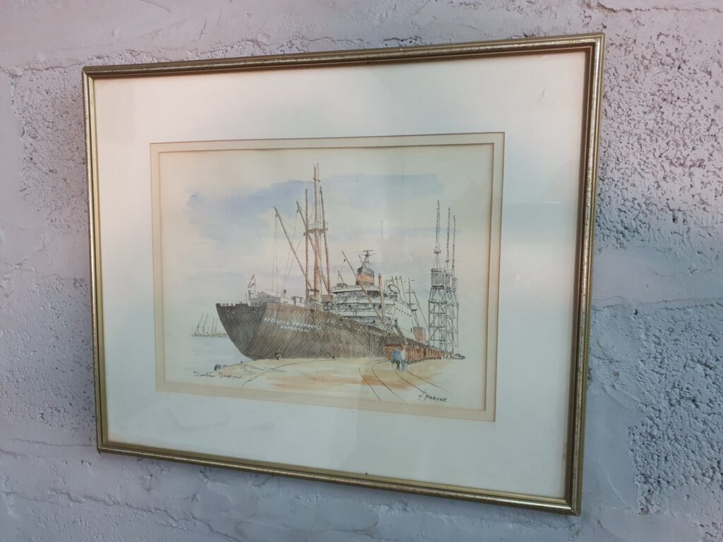 Framed maritime watercolour signed T. Parker — “Durban Dockyard” (NEDLLOYD FREMANTLE AMSTERDAM), 45x55cm framed