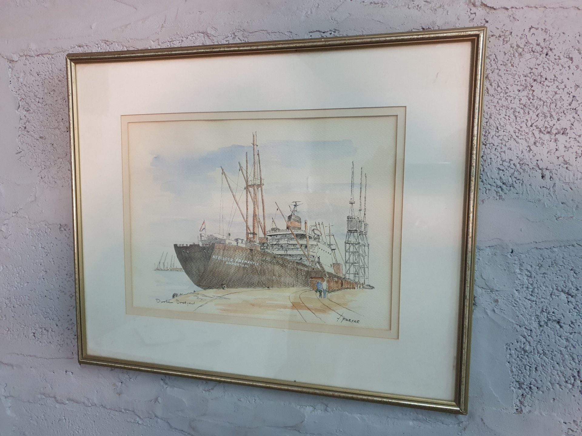Framed maritime watercolour signed T. Parker — “Durban Dockyard” (NEDLLOYD FREMANTLE AMSTERDAM), 45x55cm framed