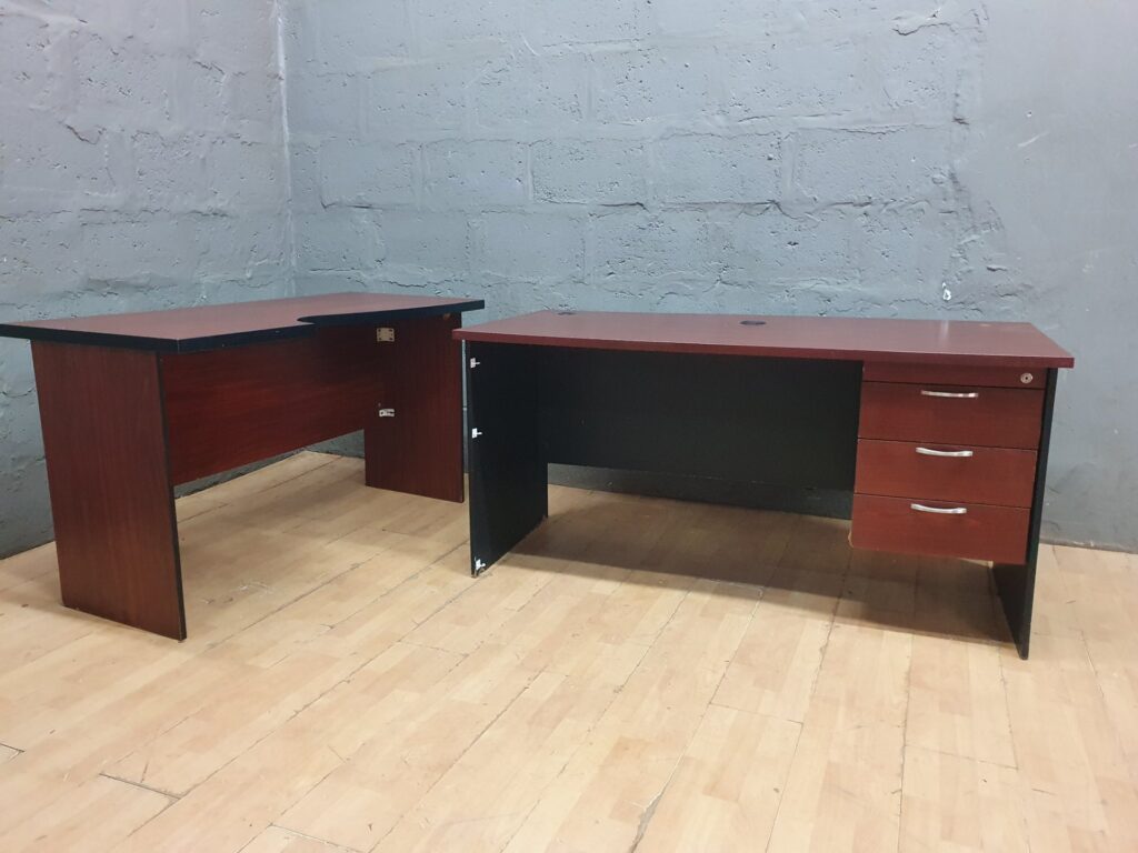Used office desk set — main desk with 3-drawer pedestal + return desk (laminate finish)