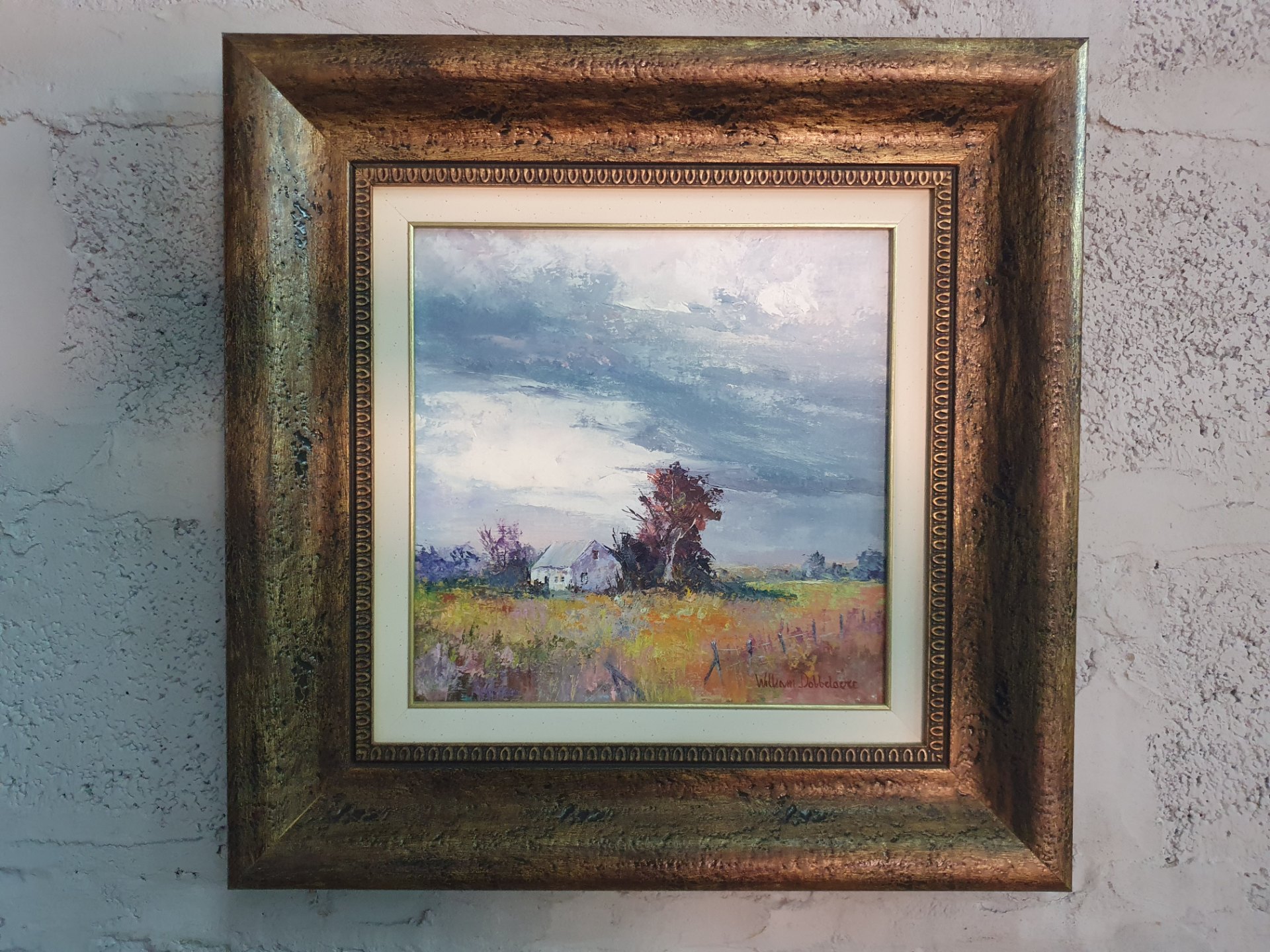 Signed William Dobbelaere oil landscape in carved gilt frame (framed 50 × 50 × 5 cm)