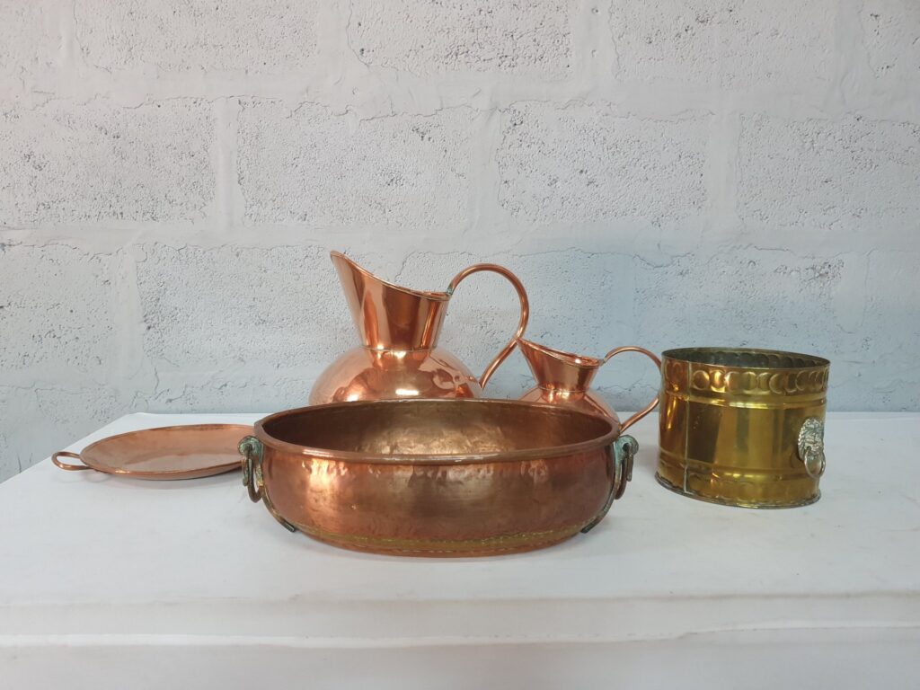 Lot of 5 Decorative Red Copper & Brass Kitchen Pieces – Two Jugs, Oval Pan, Flat Tray & Brass Bucket