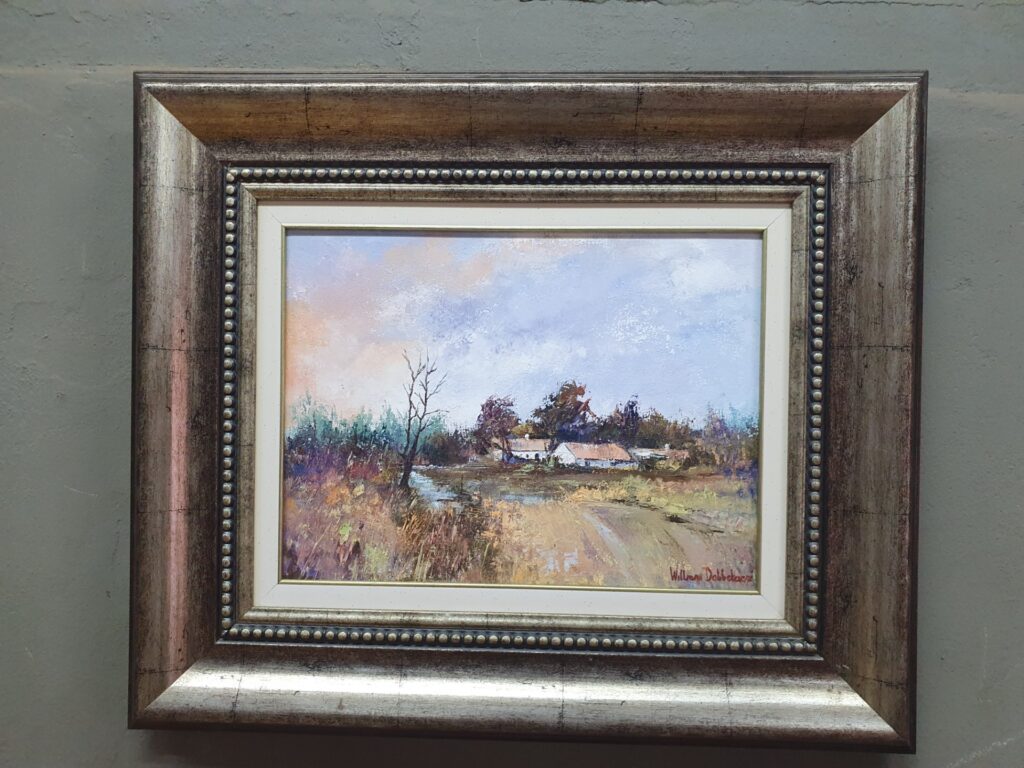 Signed William Dobbelaere oil landscape — framed, textured impasto, 75 x 55 x 5 cm (outer)