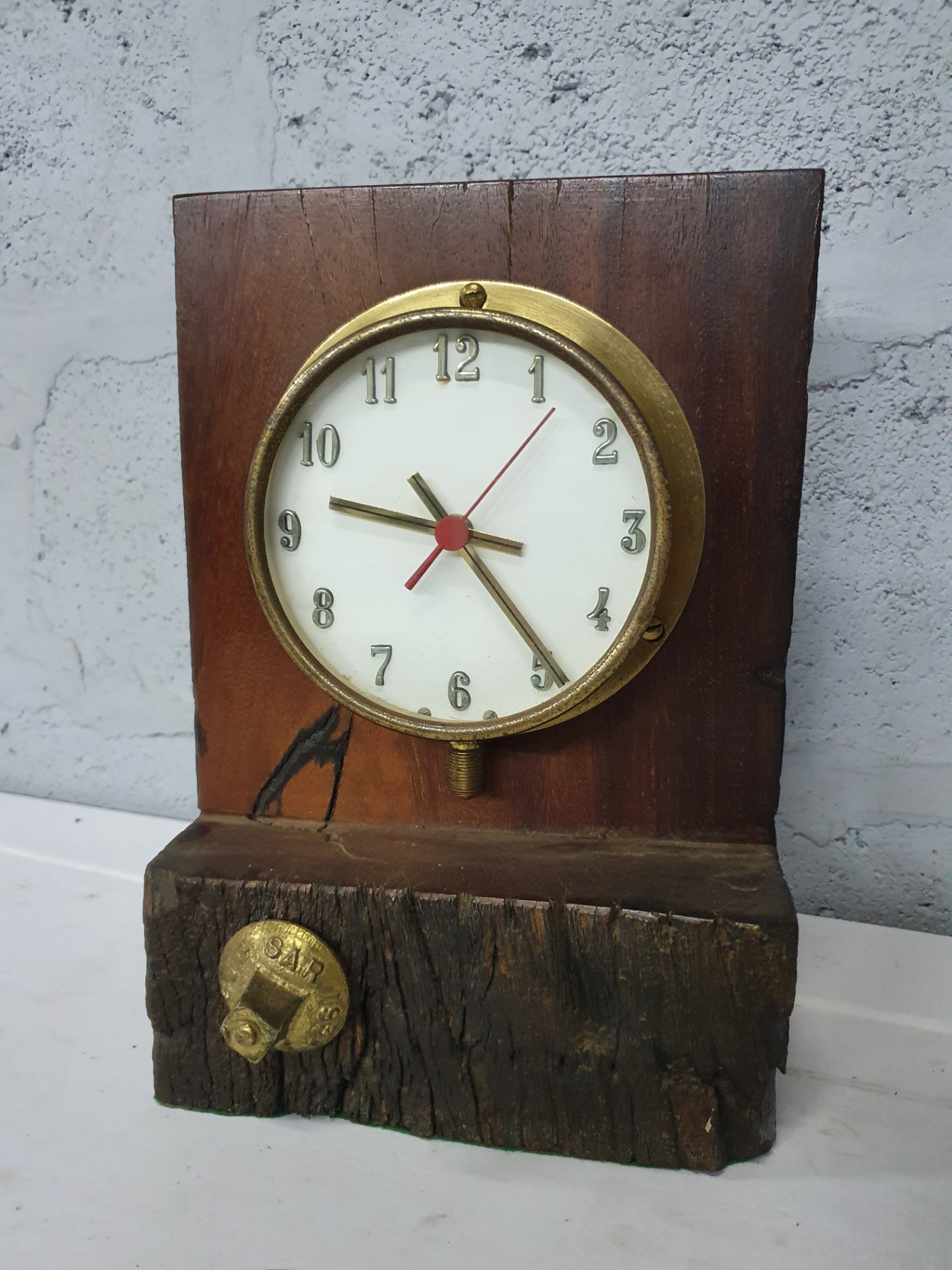 Reclaimed Wood Desk/Mantel Clock with Brass Bezel and Decorative Bolt (Not Working)