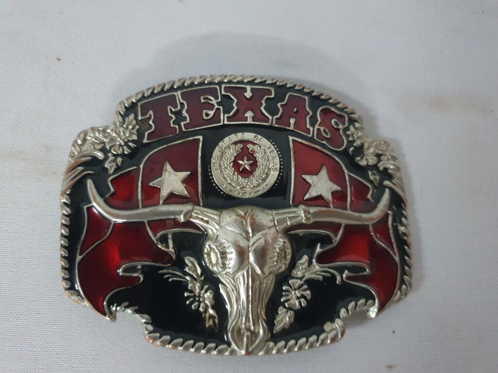 Texas longhorn novelty belt buckle — red & black enamel, decorative longhorn and ‘TEXAS’ crest
