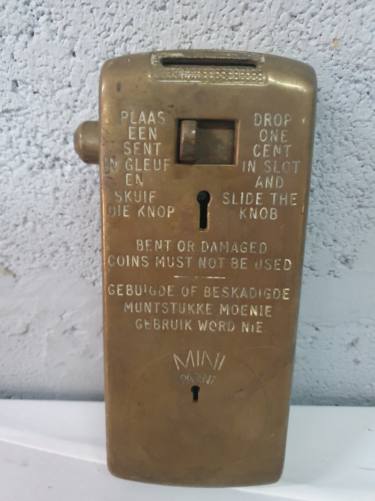 Vintage brass ‘MINI PATENT’ coin-slot wall box — decorative with patina, locked (no key)
