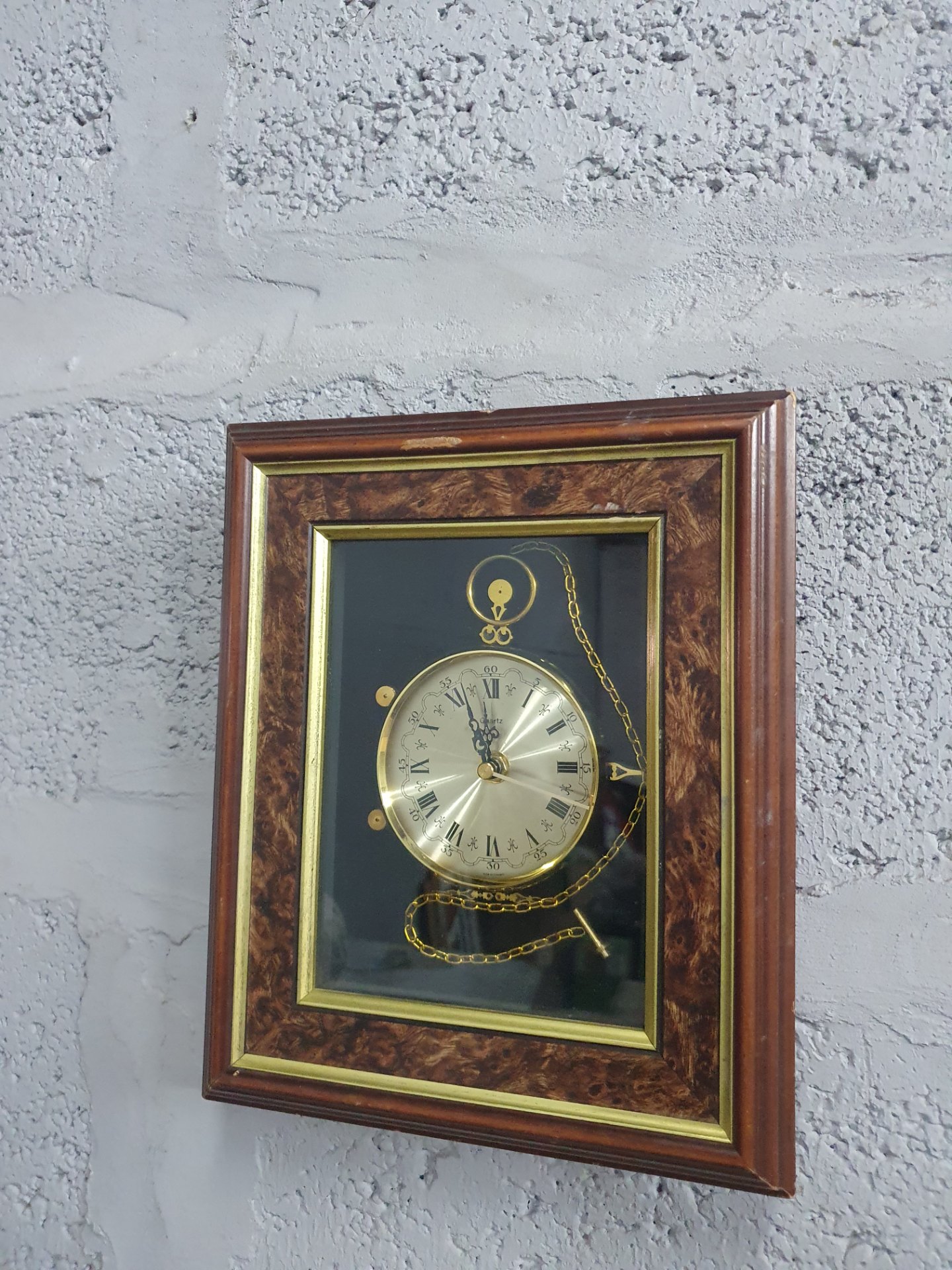 Framed Wall Clock (Quartz) — Pocket‑watch style dial, wooden frame, chain & key — Not working