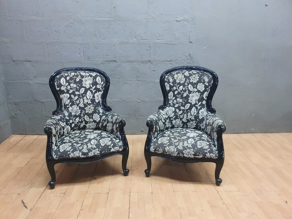 Pair of Carved Wooden Upholstered Armchairs — Black Floral Fabric, Carved Frame, Cabriole Legs
