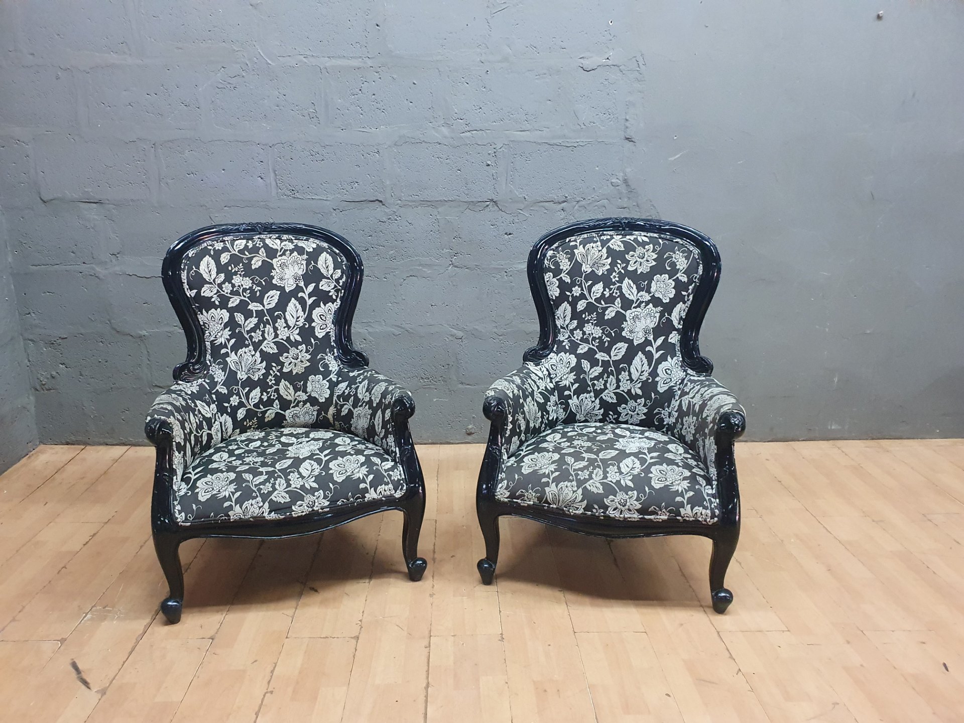 Pair of Carved Wooden Upholstered Armchairs — Black Floral Fabric, Carved Frame, Cabriole Legs
