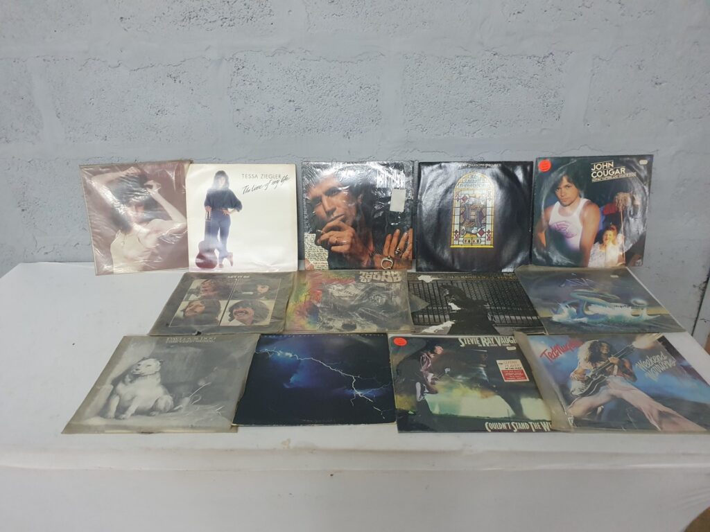 Mixed lot of assorted 12″ LP vinyl records — rock/pop collection, mixed sleeve condition, untested