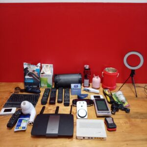 Mixed lot of small electronics & accessories — Linksys EA6900 router, Sony PSP-1000 (corroded), remotes, Polaroid Moji + more (Untested)