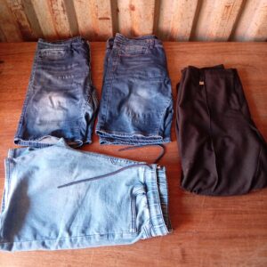 Mixed lot 4x ladies bottoms — denim shorts (Blue Sky), light-blue drawstring shorts and Kelso black pants (label shows size 12)