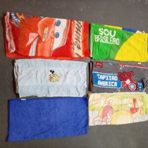 Lot of 6 Mixed Licensed Kids Towels — Cars, Mickey, Captain America + plain colours, used with visible wear