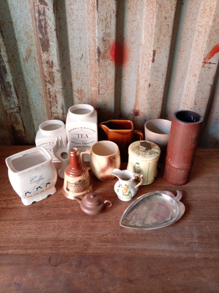 Mixed lot of small ceramics & kitchenware — Maxwell & Williams TEA/SUGAR jars, mini teapot, tin, metal tray, bamboo tube (13 pcs)