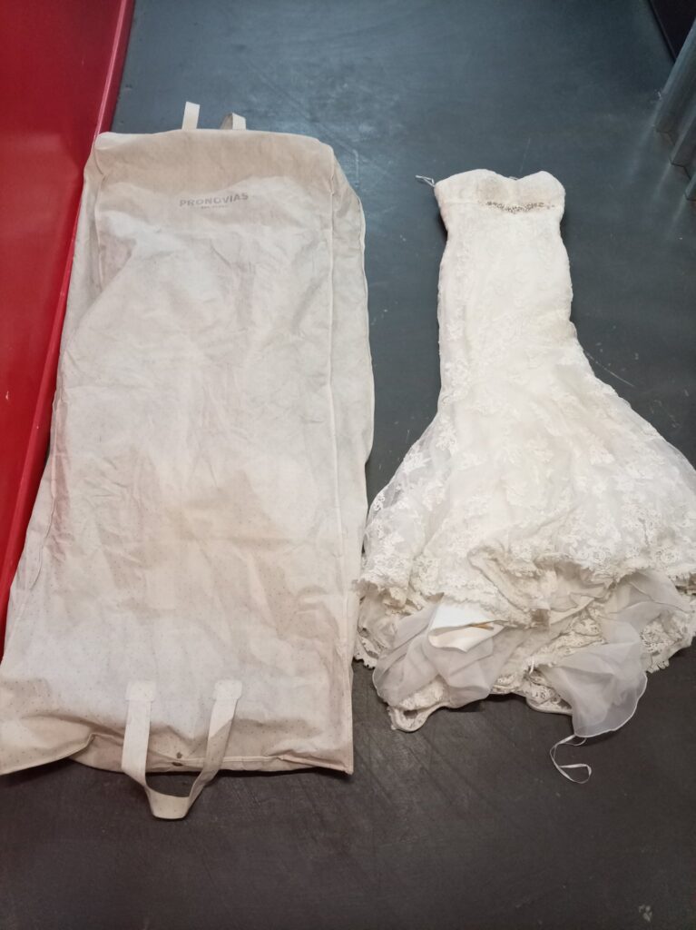 Pronovias strapless lace mermaid wedding dress with beaded waist trim (label shows EU 40) + garment bag