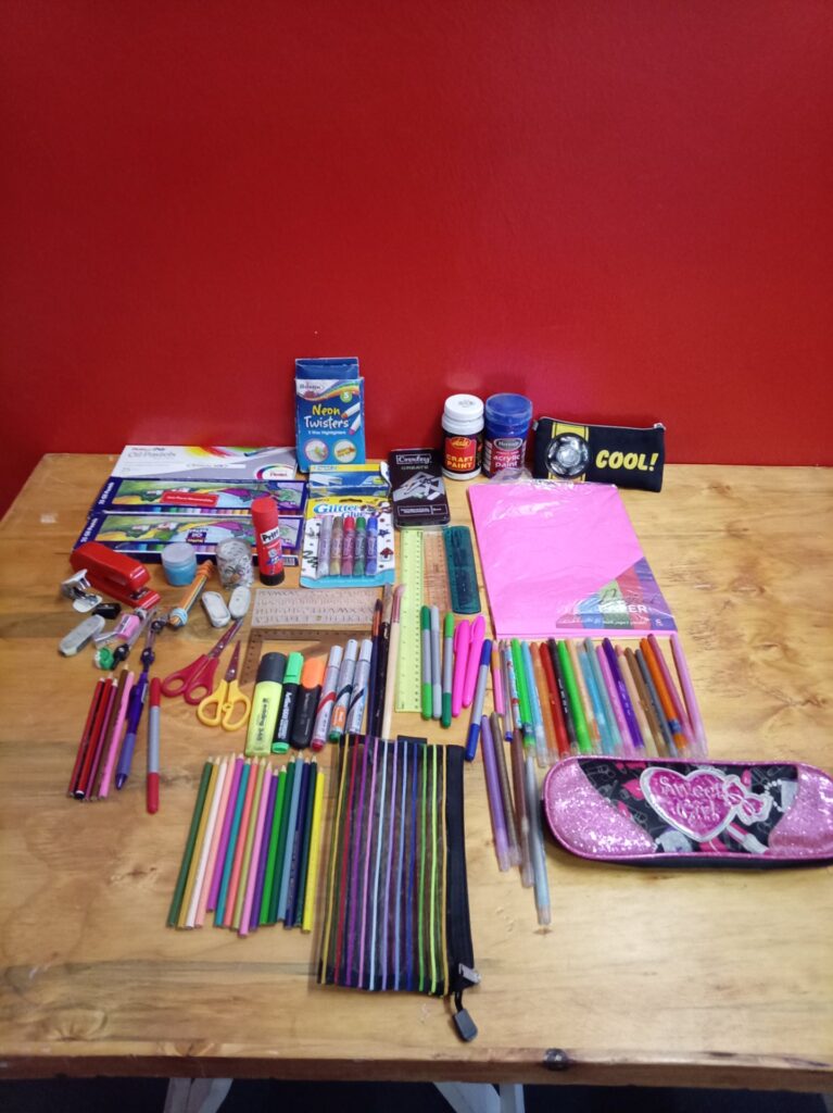 Mixed School & Art Stationery Lot – pens, coloured pencils, oil pastels, paints, rulers, cases (used / mixed condition)