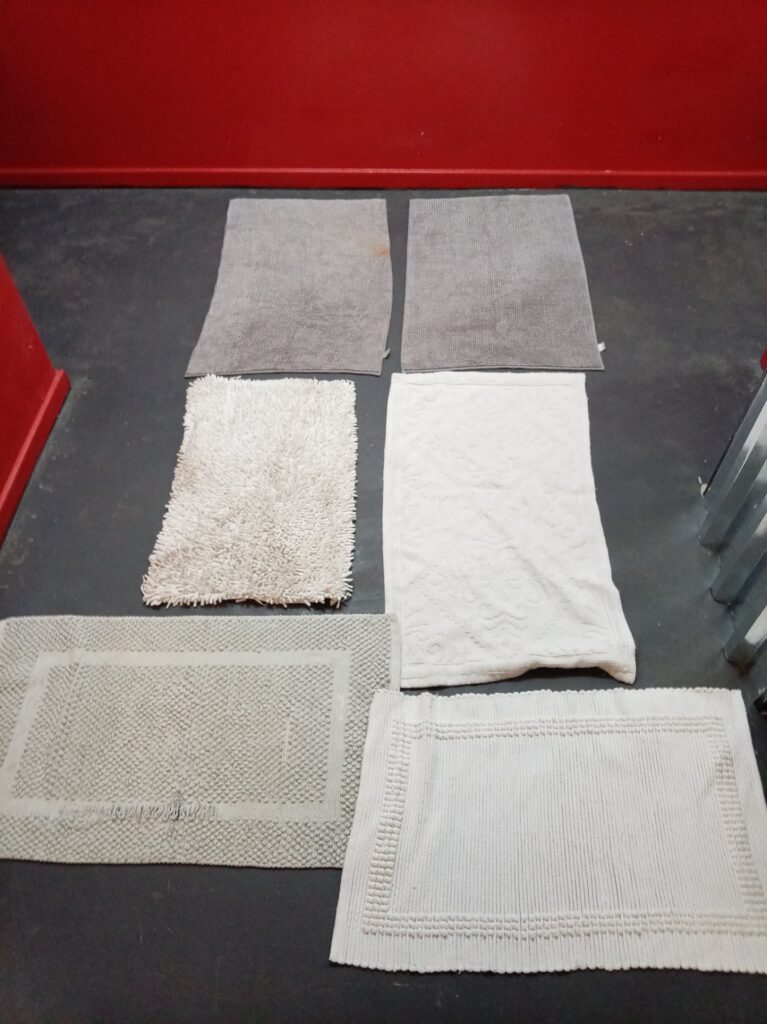 Bulk lot: 6 assorted small bath mats – used, stained & frayed