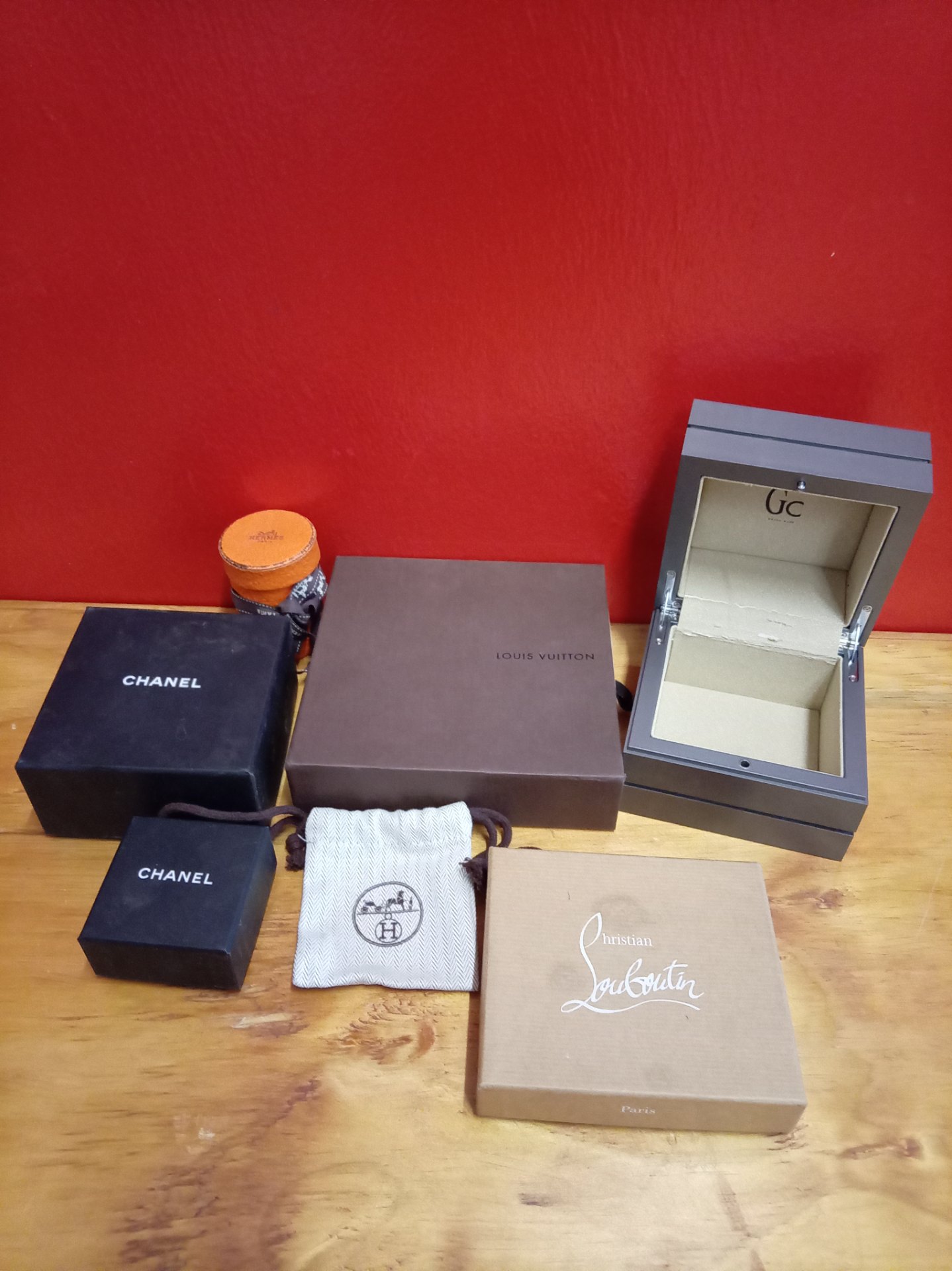 Lot of assorted luxury branded empty boxes and pouches — Chanel, Louis Vuitton, Hermès, Christian Louboutin, Gc (used packaging)