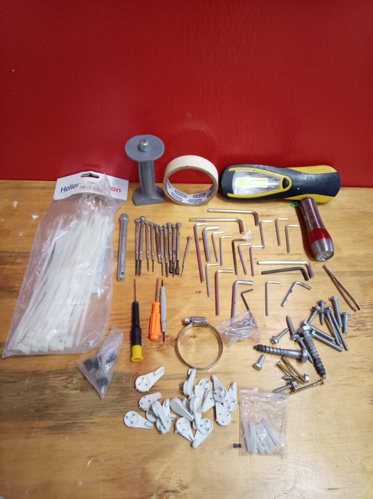 Mixed small hardware & hand tools lot — allen keys, precision bits, screws, cable-ties, tape, 2 battery torches (used / spares)