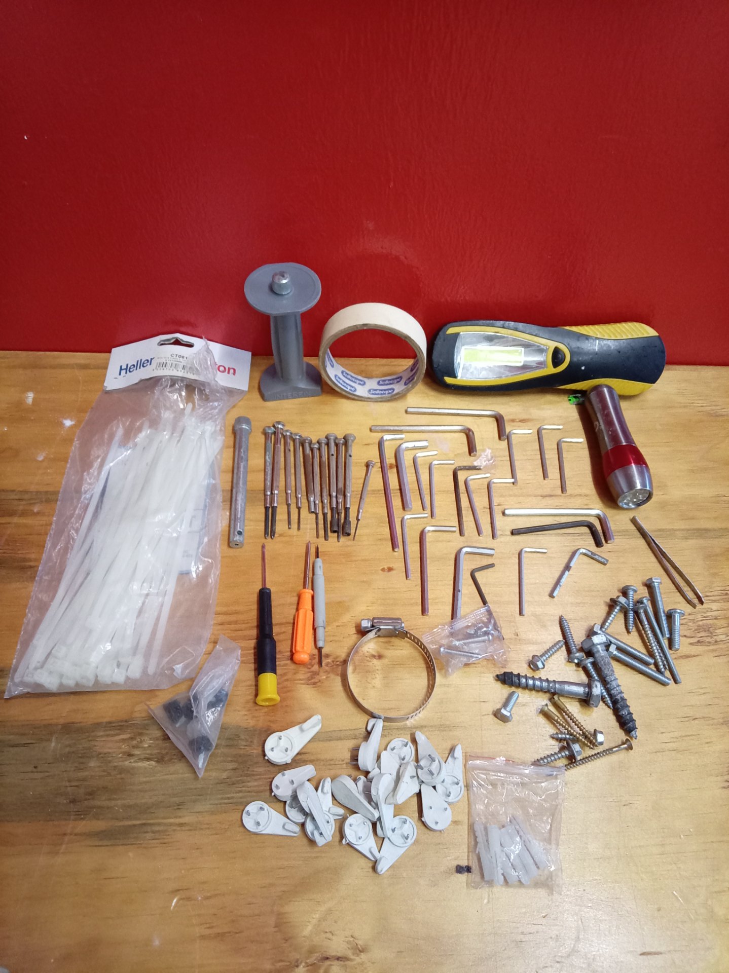 Mixed small hardware & hand tools lot — allen keys, precision bits, screws, cable-ties, tape, 2 battery torches (used / spares)