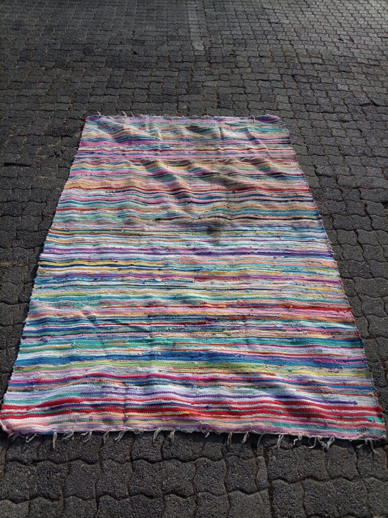 Colourful Flat‑Woven Rag Rug / Runner — Striped multicolour, fair condition