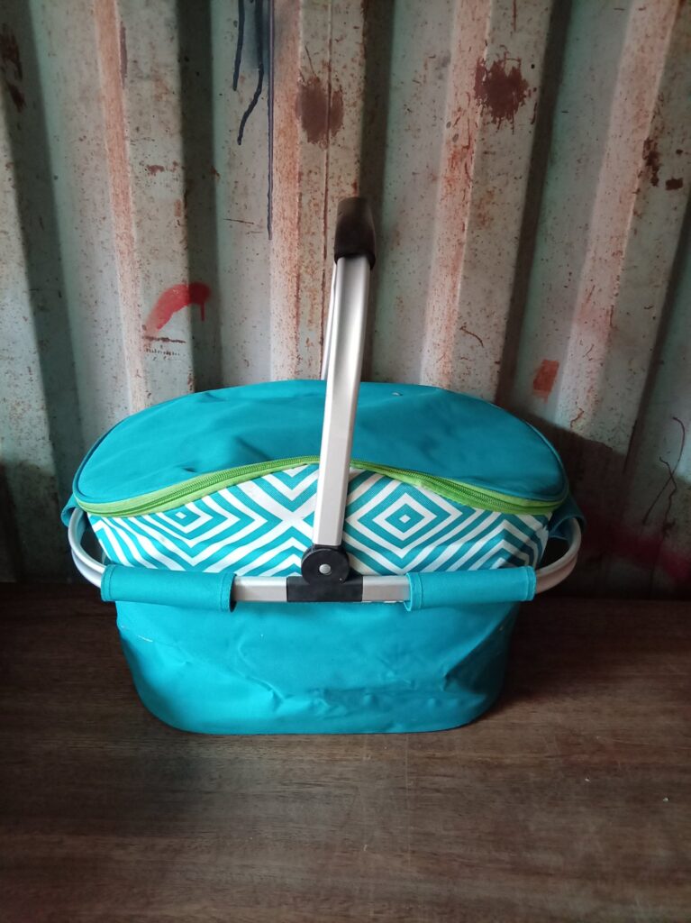 Teal Insulated Picnic / Cooler Basket with Folding Aluminium Handle — Used, Stains & Small Tears