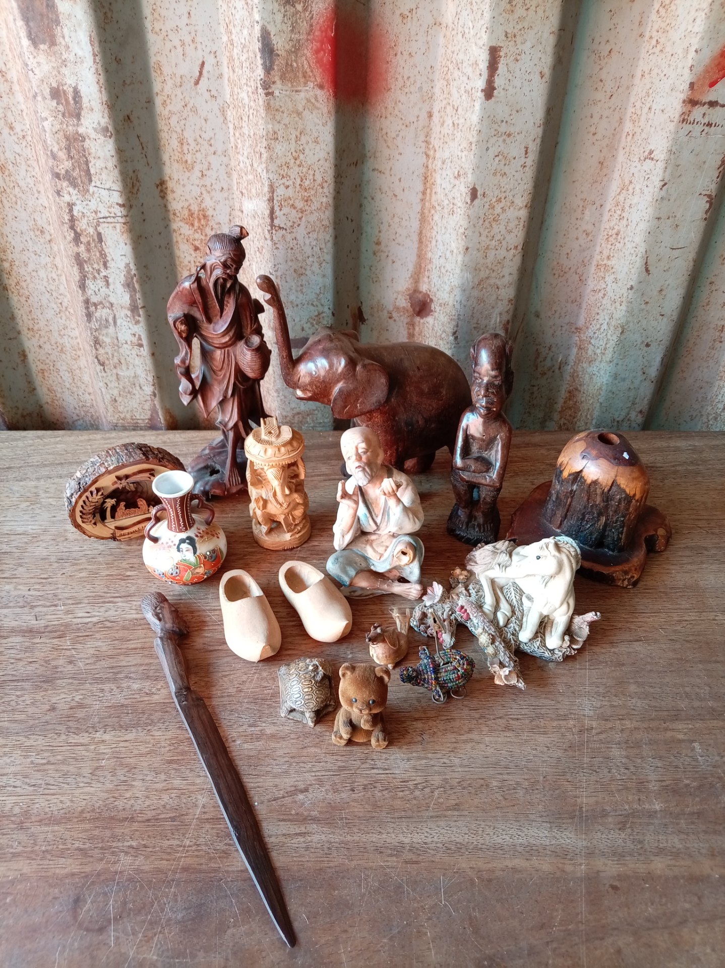 Mixed lot of small carved ornaments & figures — wood, painted ceramic/resin — assorted condition
