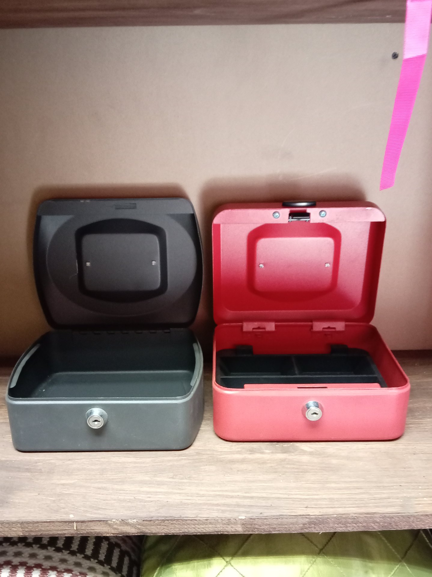 Pair of Small Metal Lockable Cash / Coin Boxes — Red & Grey, Used, No Keys