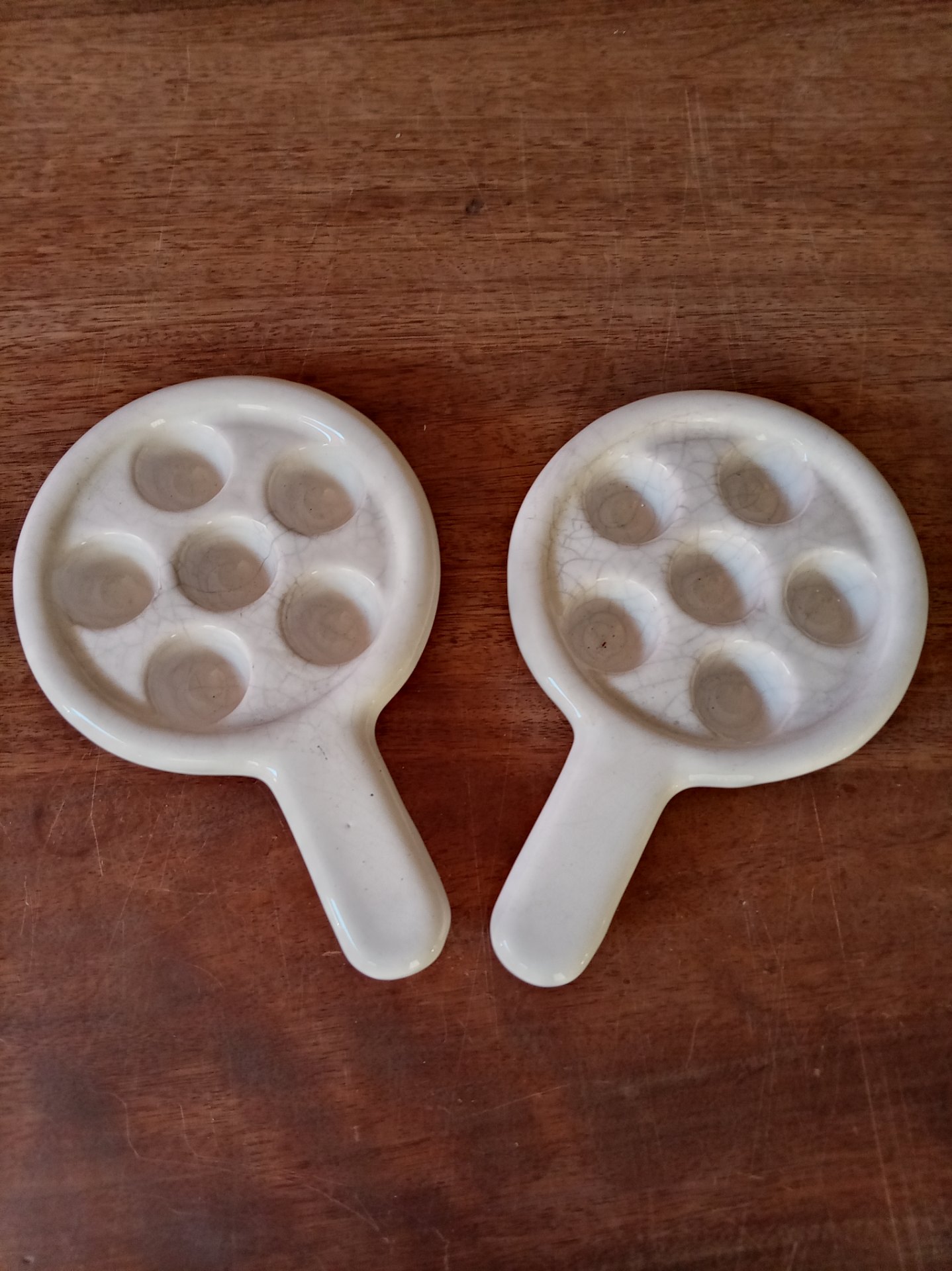 Pair of White Glazed Ceramic Stone Shot Plates with Handles — 6‑well (2 plates)