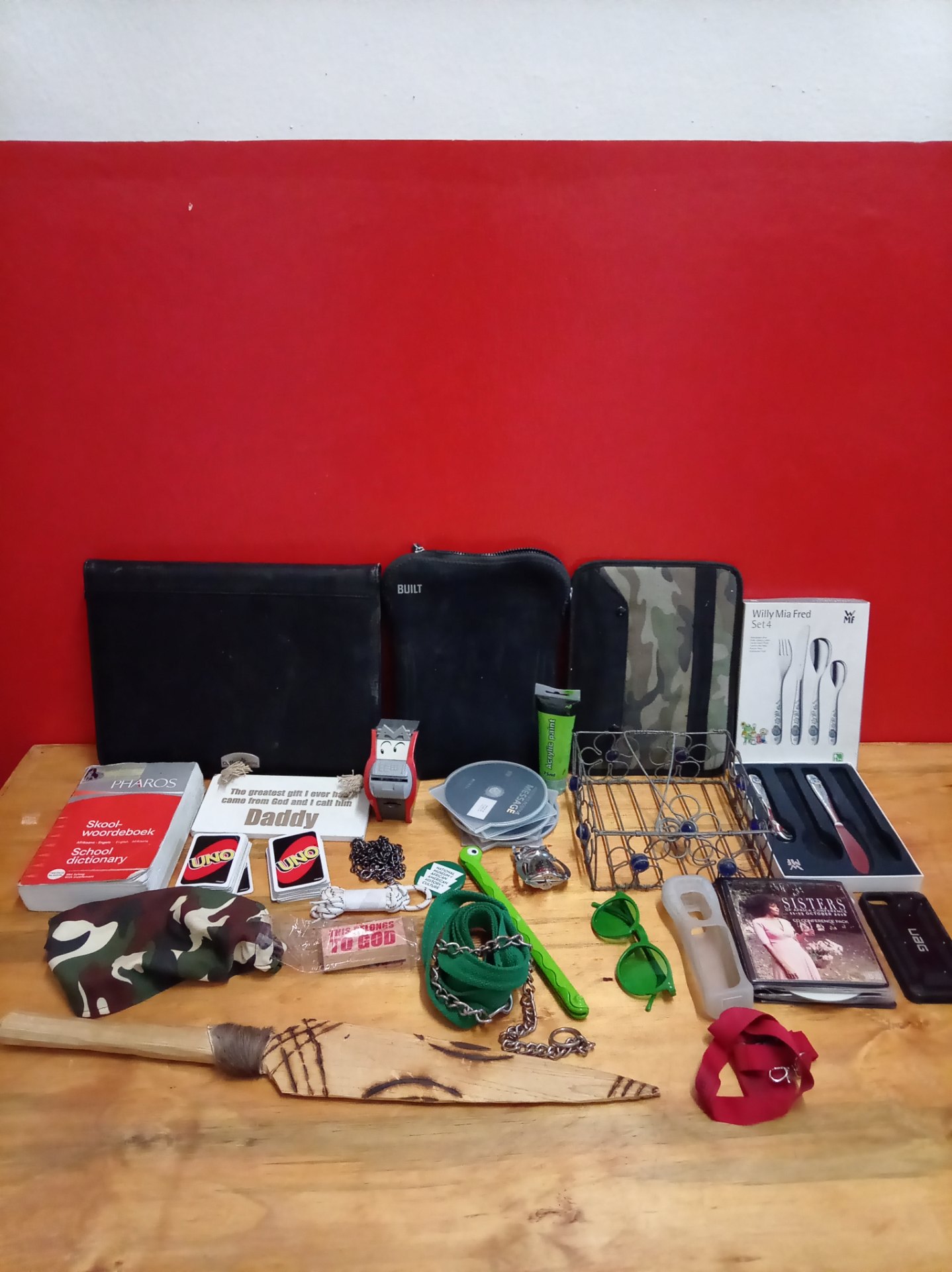 Mixed household lot — boxed WMF Willy Mia Fred Set4, BUILT sleeve, UNO decks, CDs, sunglasses, cases & assorted trinkets (untested)